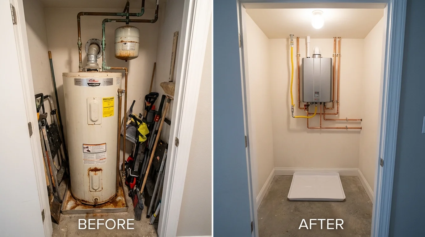 Tank water heater versus wall-mounted tankless unit comparison for Commerce City, CO homeowners