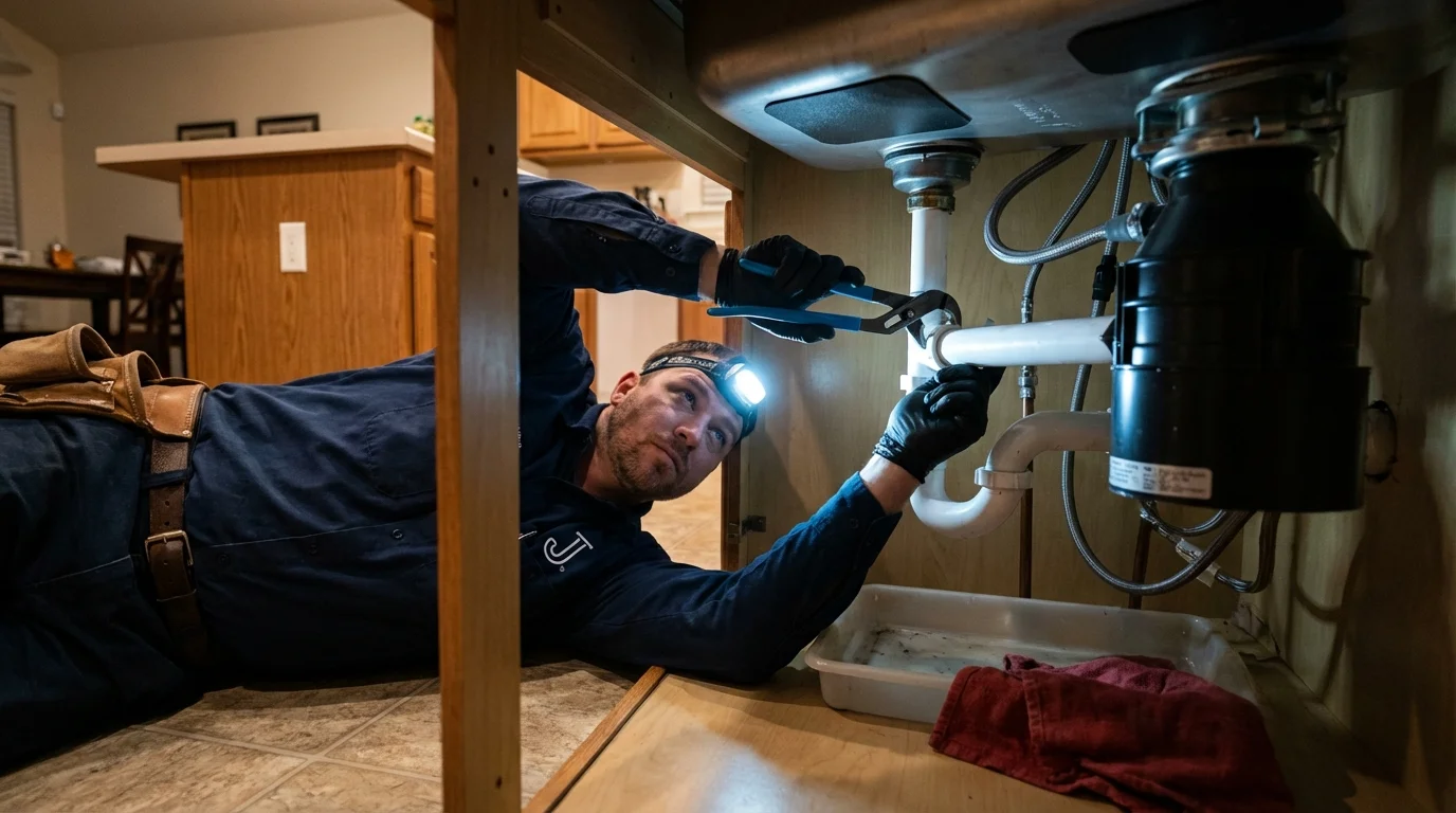 P-trap and supply line connections under a kitchen sink showing a common leak point in Commerce City, CO